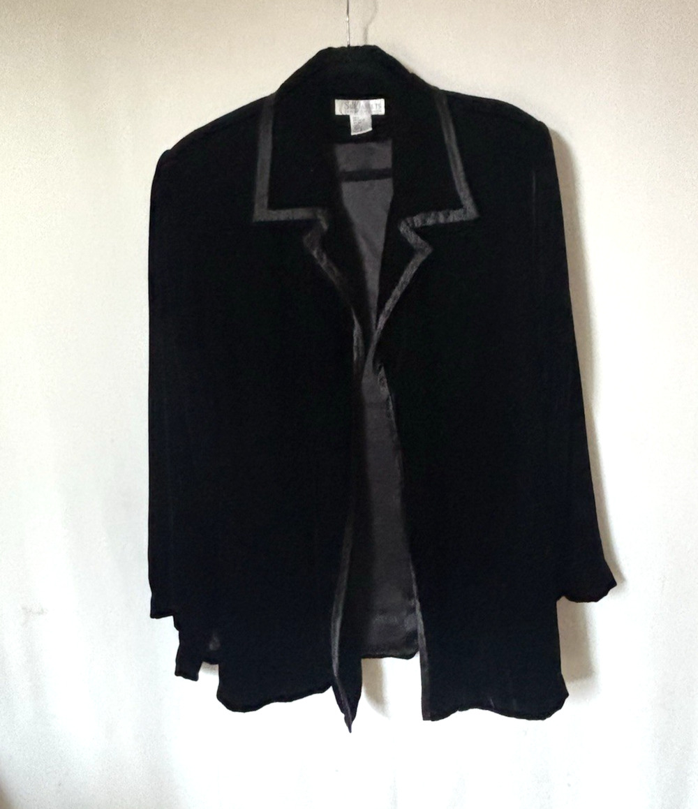 Vtg DVF Black Velvet Blazer Jacket Large Womens Velour Open Front